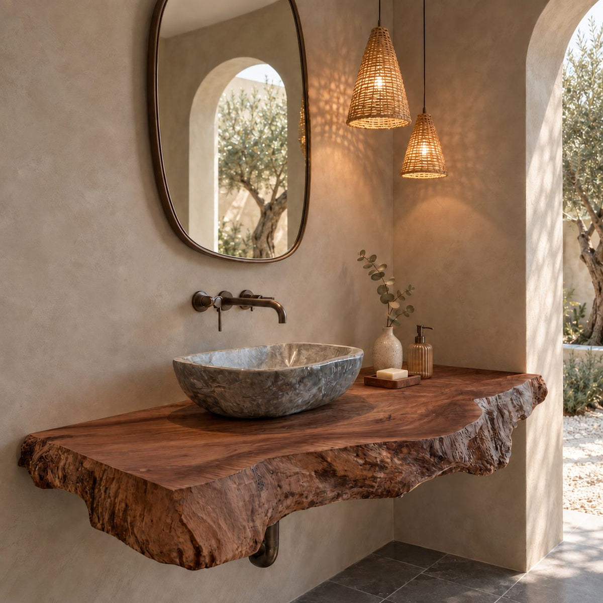 Rustic Thick Slab Floating Bathroom Vanity With Raw Natural Edge