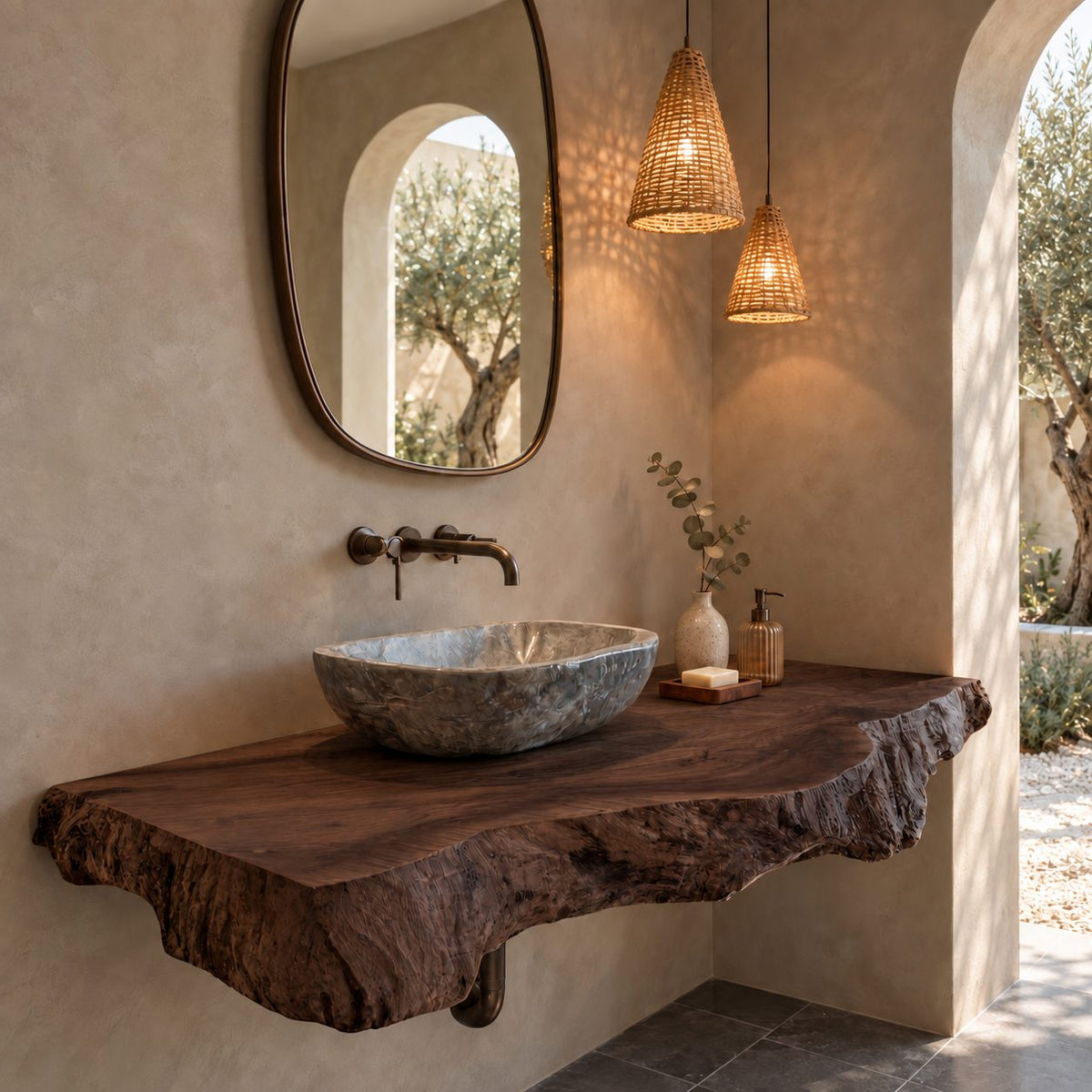 Rustic Thick Slab Floating Bathroom Vanity With Raw Natural Edge