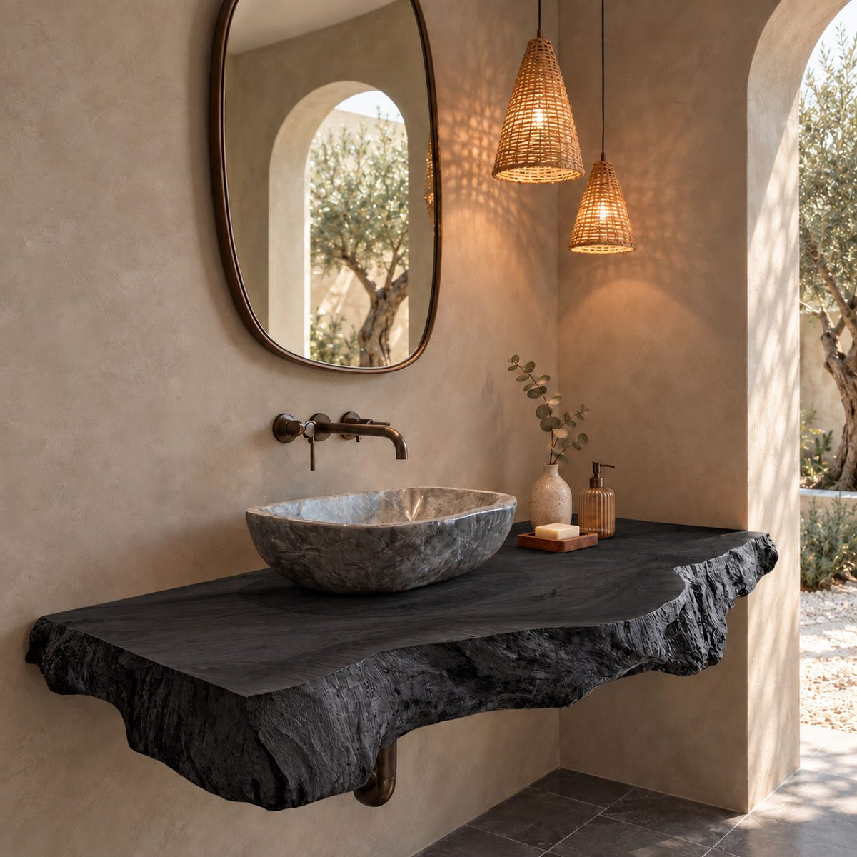 Rustic Thick Slab Floating Bathroom Vanity With Raw Natural Edge