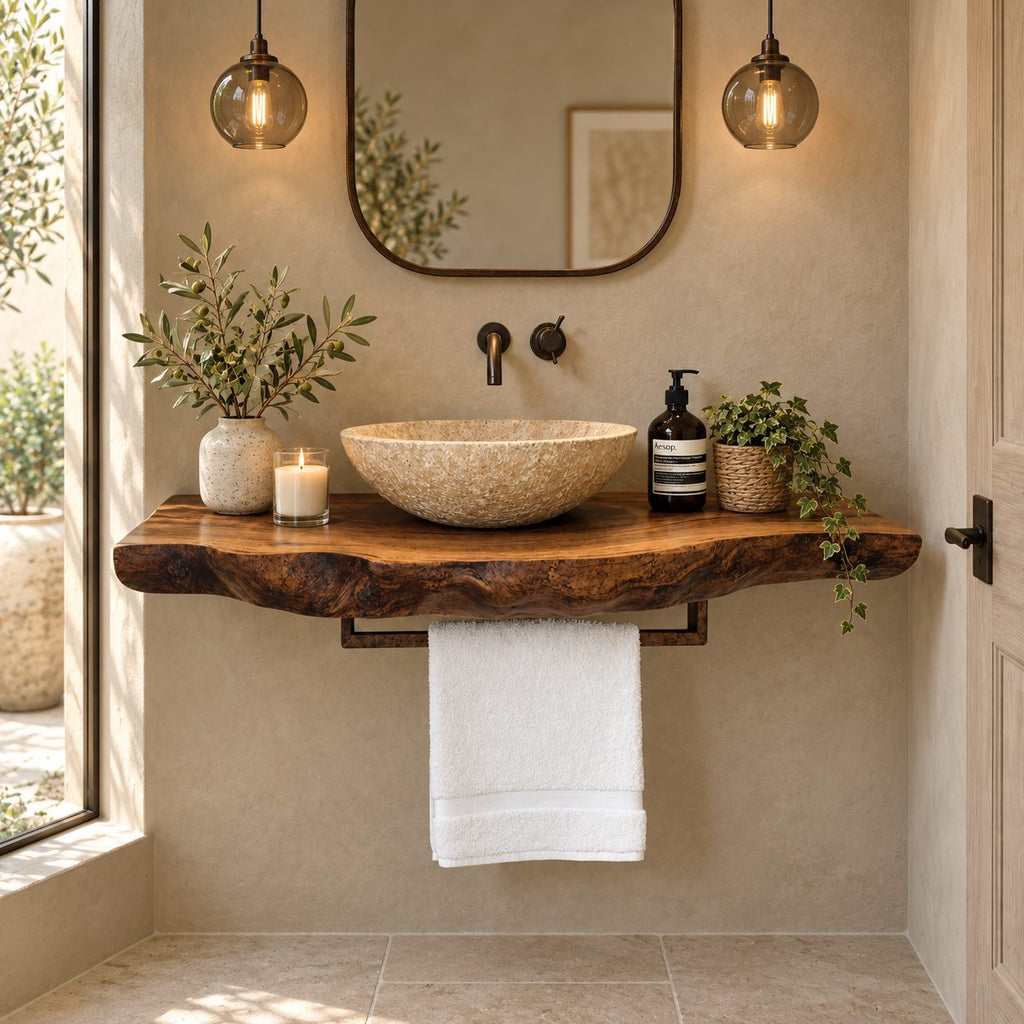 Modern Live Edge Floating Vanity Top With Towel Bar For Powder Room