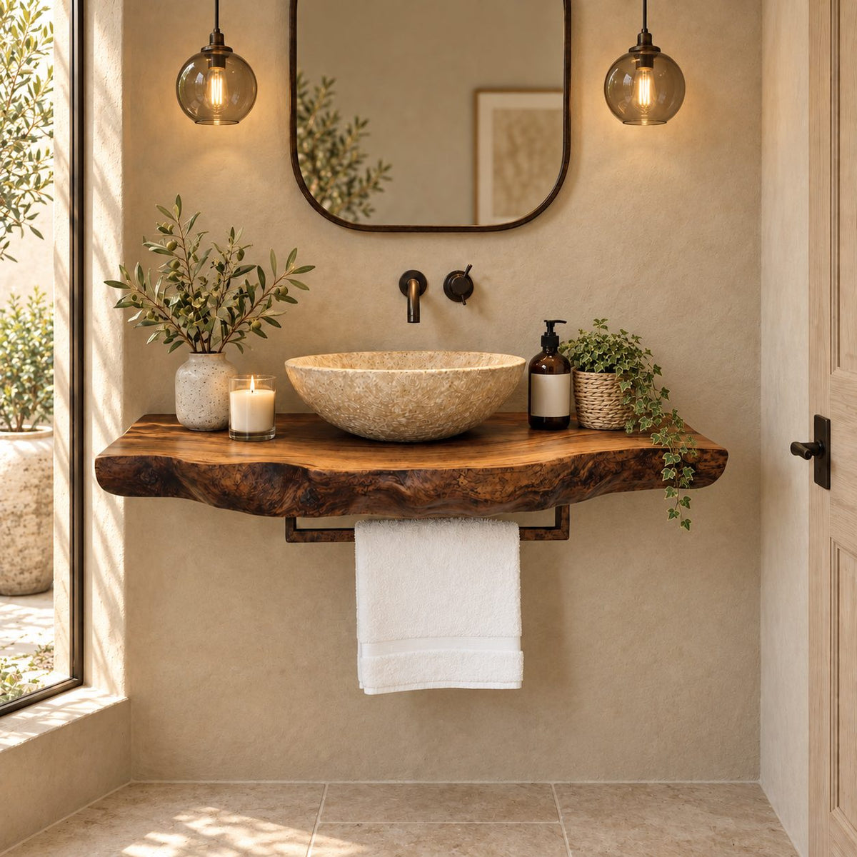 Modern Live Edge Floating Vanity Top With Towel Bar For Powder Room