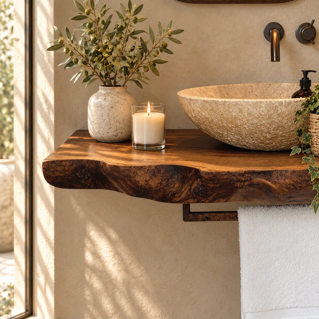Modern Live Edge Floating Vanity Top With Towel Bar For Powder Room