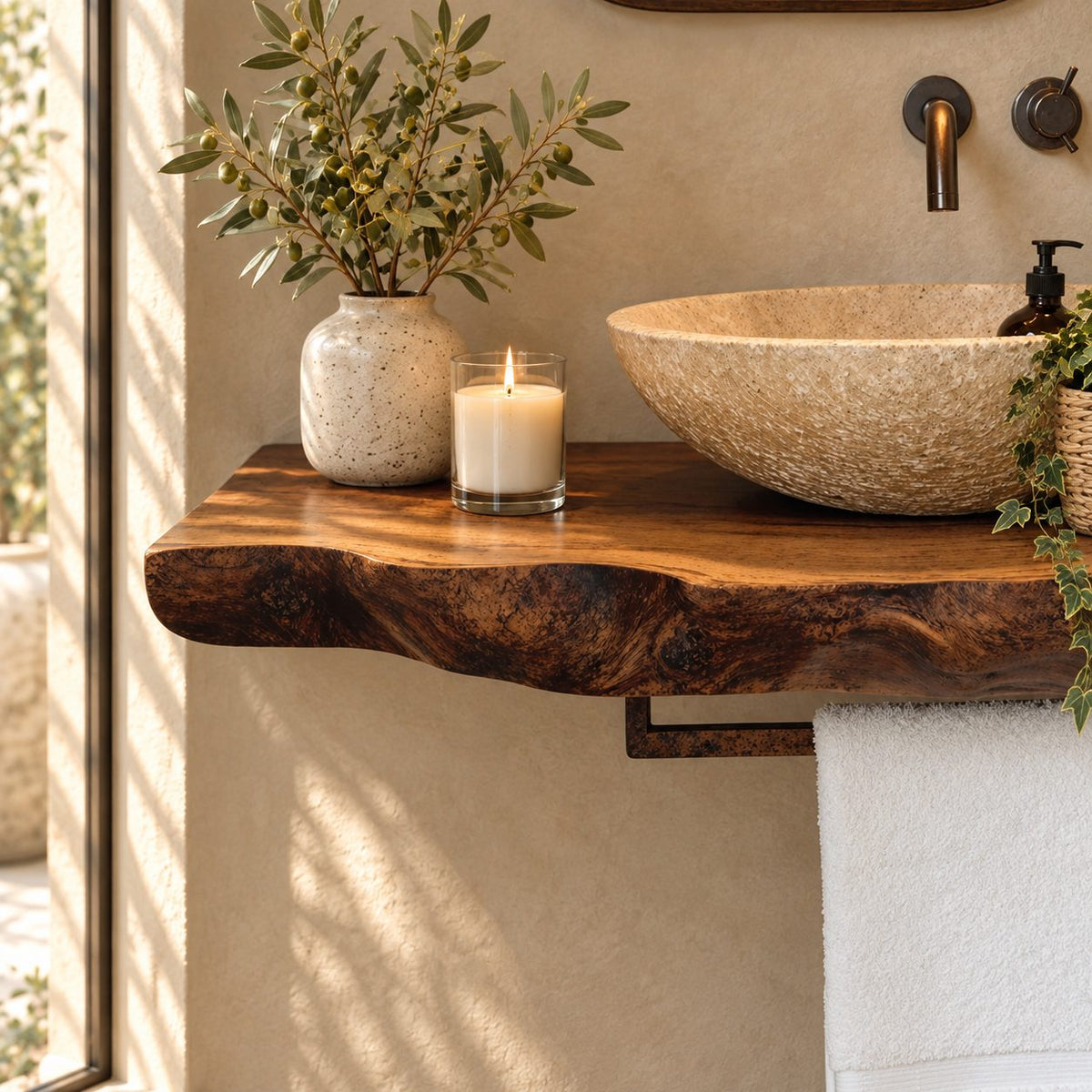 Modern Live Edge Floating Vanity Top With Towel Bar For Powder Room