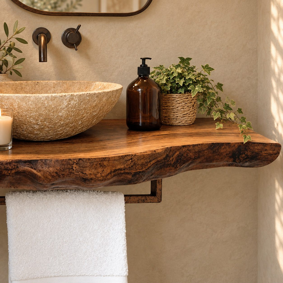 Modern Live Edge Floating Vanity Top With Towel Bar For Powder Room