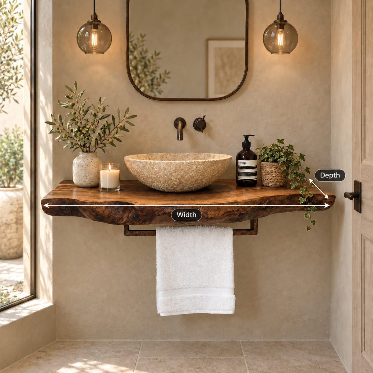 Modern Live Edge Floating Vanity Top With Towel Bar For Powder Room