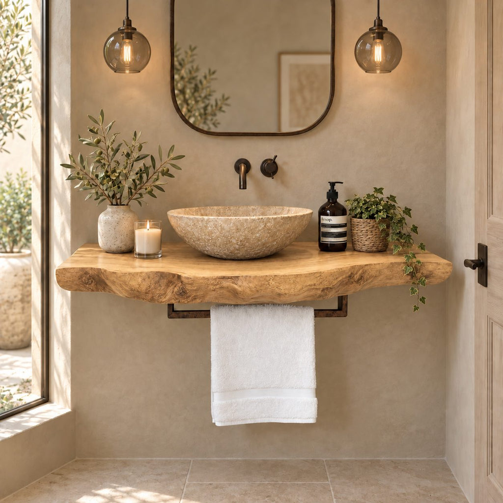 Modern Live Edge Floating Vanity Top With Towel Bar For Powder Room