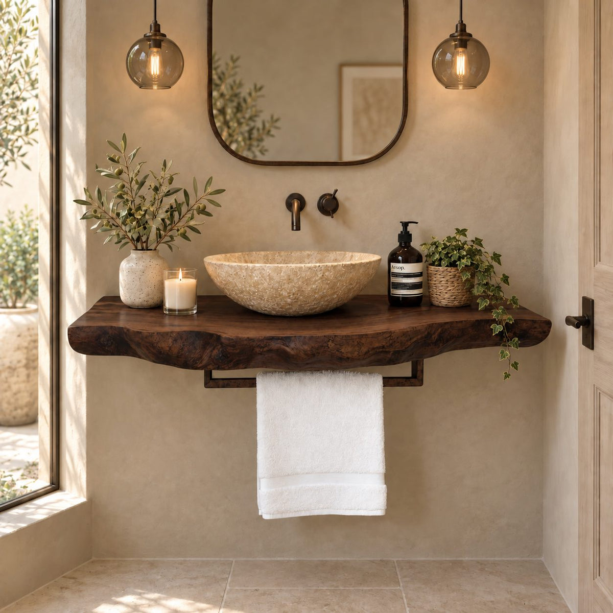 Modern Live Edge Floating Vanity Top With Towel Bar For Powder Room