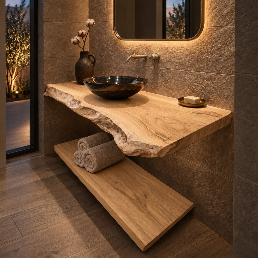 Scandinavian Two Tier Floating Bathroom Vanity With Live Edge Top
