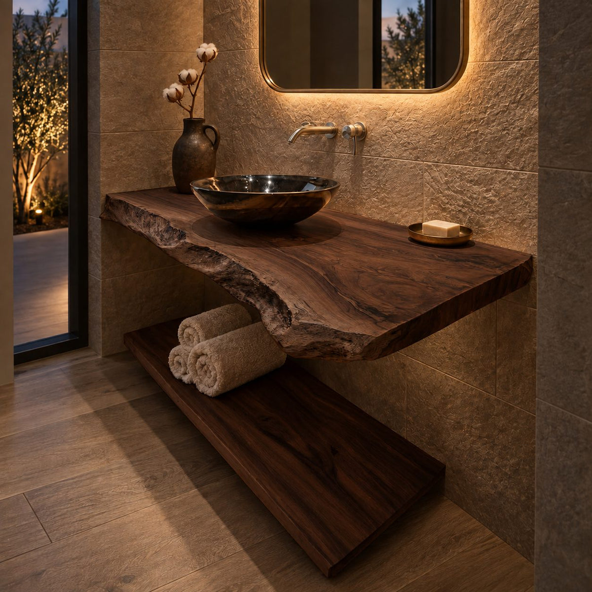 Scandinavian Two Tier Floating Bathroom Vanity With Live Edge Top
