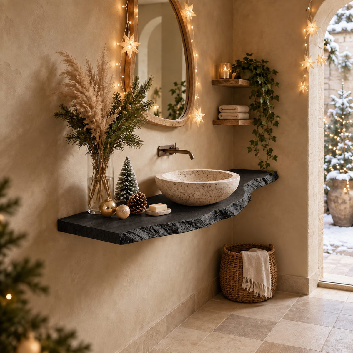 Farmhouse Natural Edge Floating Vanity Shelf For Powder Room