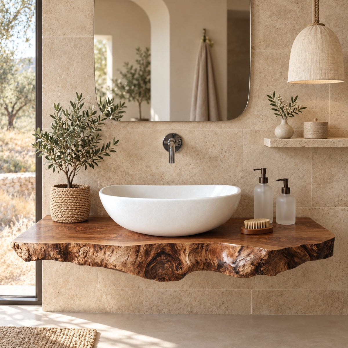 Organic Live Edge Floating Bathroom Vanity Top With Burl Front Edge