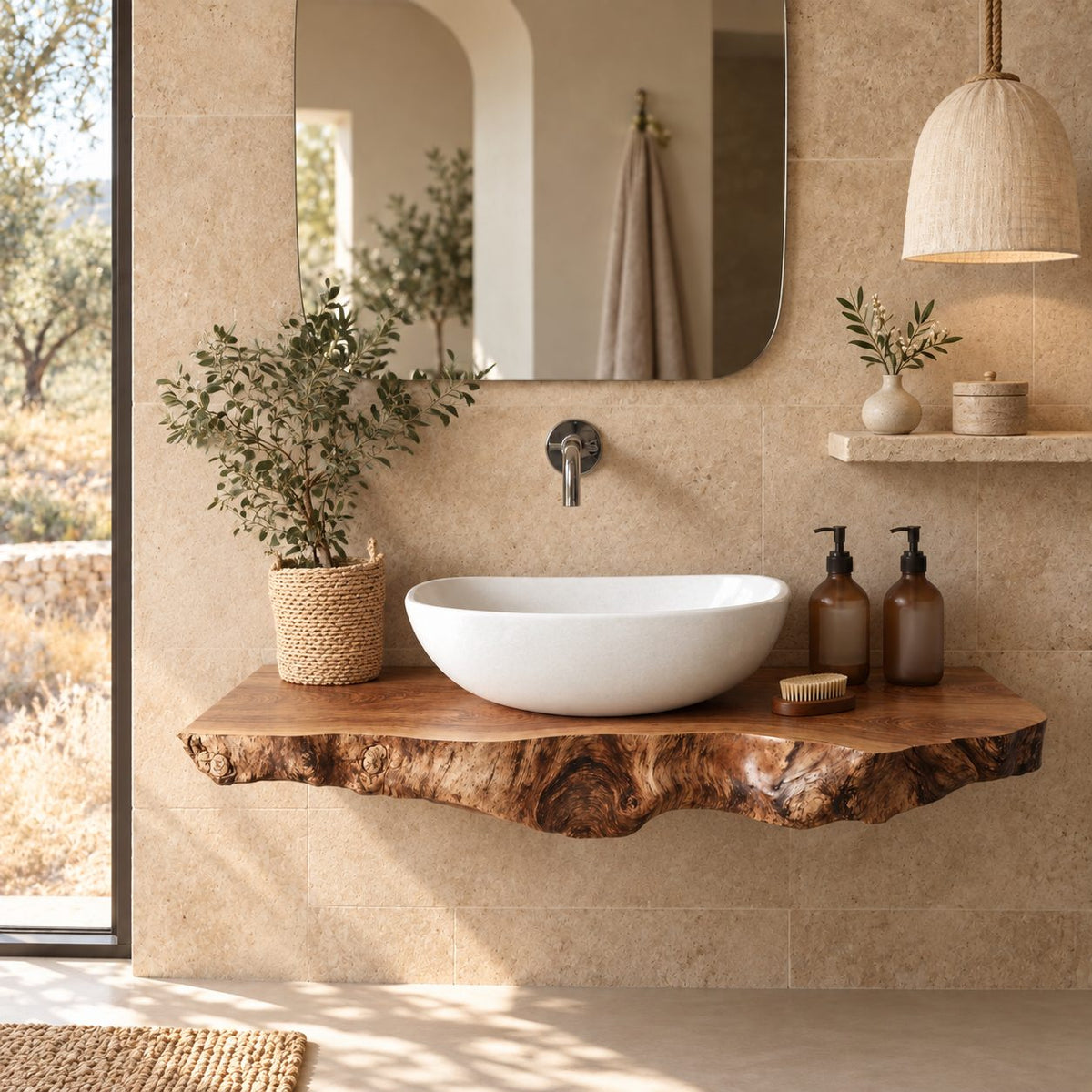 Organic Live Edge Floating Bathroom Vanity Top With Burl Front Edge
