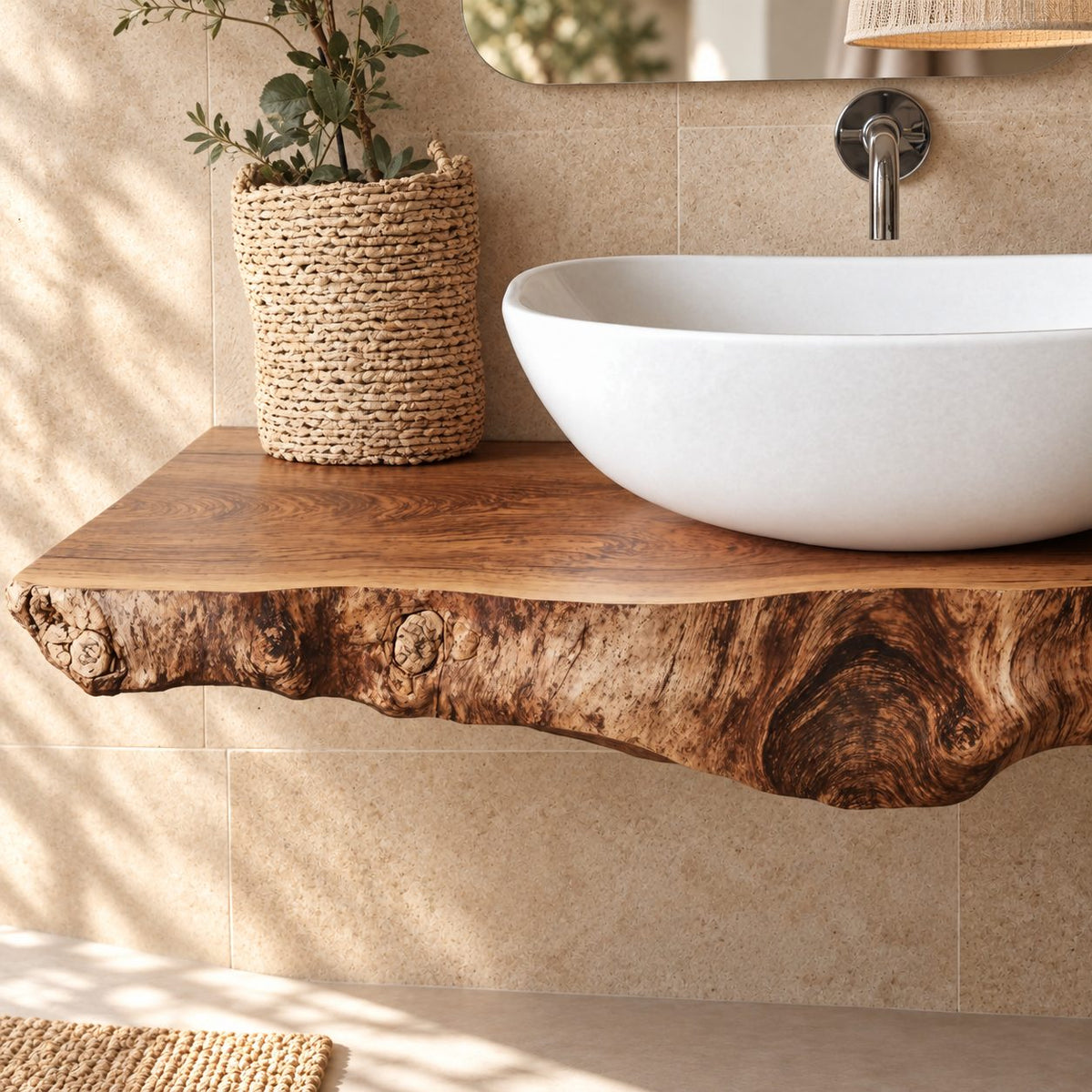 Organic Live Edge Floating Bathroom Vanity Top With Burl Front Edge