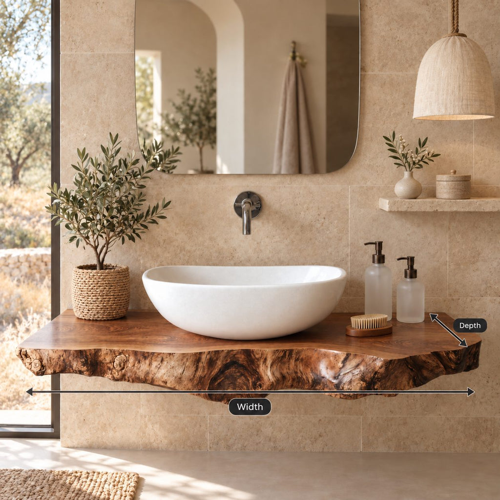 Organic Live Edge Floating Bathroom Vanity Top With Burl Front Edge
