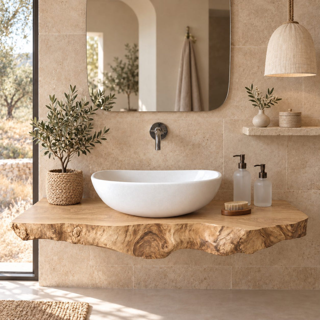Organic Live Edge Floating Bathroom Vanity Top With Burl Front Edge