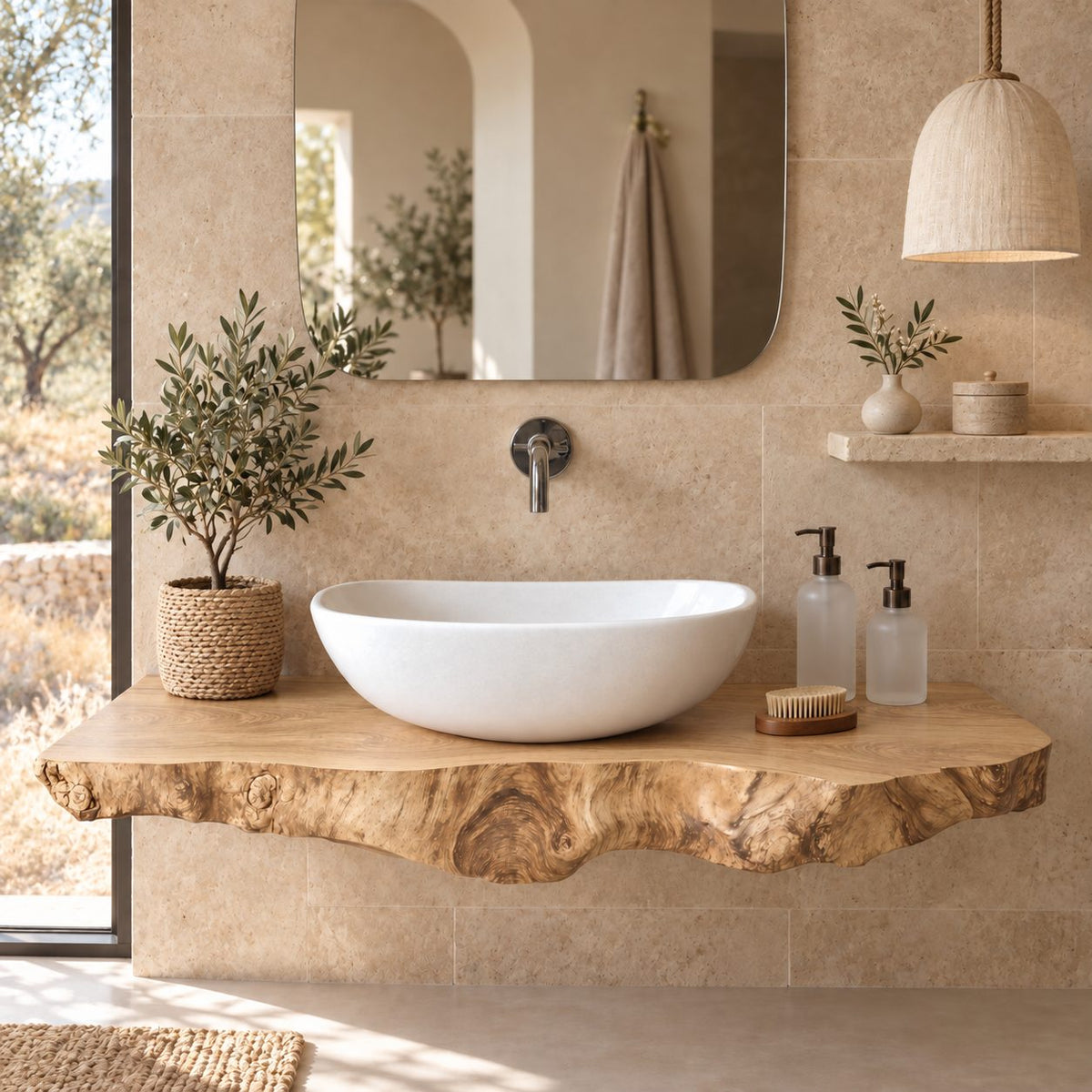 Organic Live Edge Floating Bathroom Vanity Top With Burl Front Edge