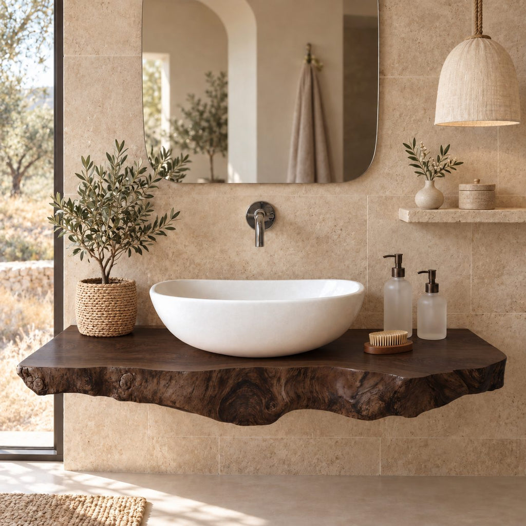Organic Live Edge Floating Bathroom Vanity Top With Burl Front Edge