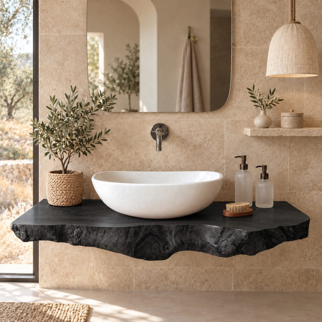 Organic Live Edge Floating Bathroom Vanity Top With Burl Front Edge