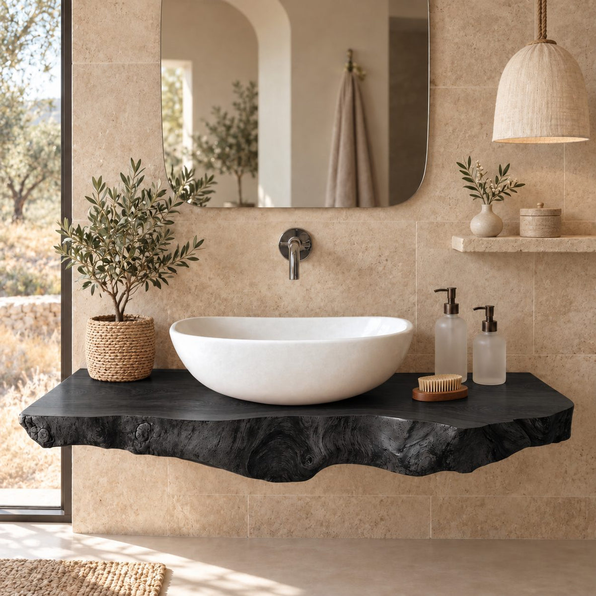 Organic Live Edge Floating Bathroom Vanity Top With Burl Front Edge