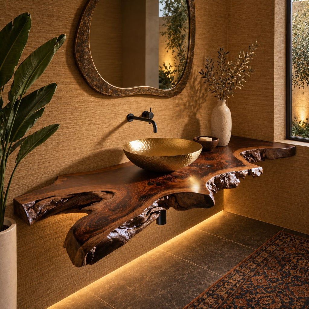 Rustic Natural Edge Floating Bathroom Vanity With Open Knot Cutouts