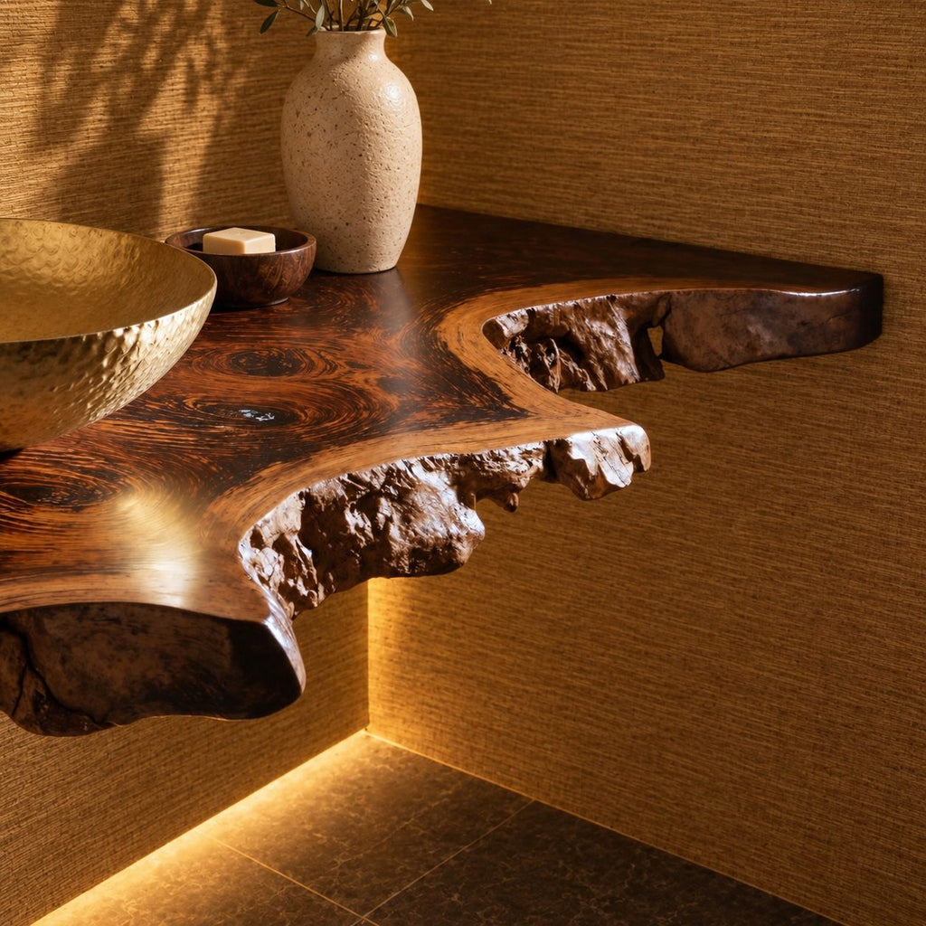 Rustic Natural Edge Floating Bathroom Vanity With Open Knot Cutouts