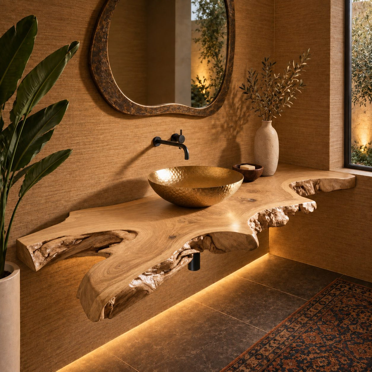 Rustic Natural Edge Floating Bathroom Vanity With Open Knot Cutouts