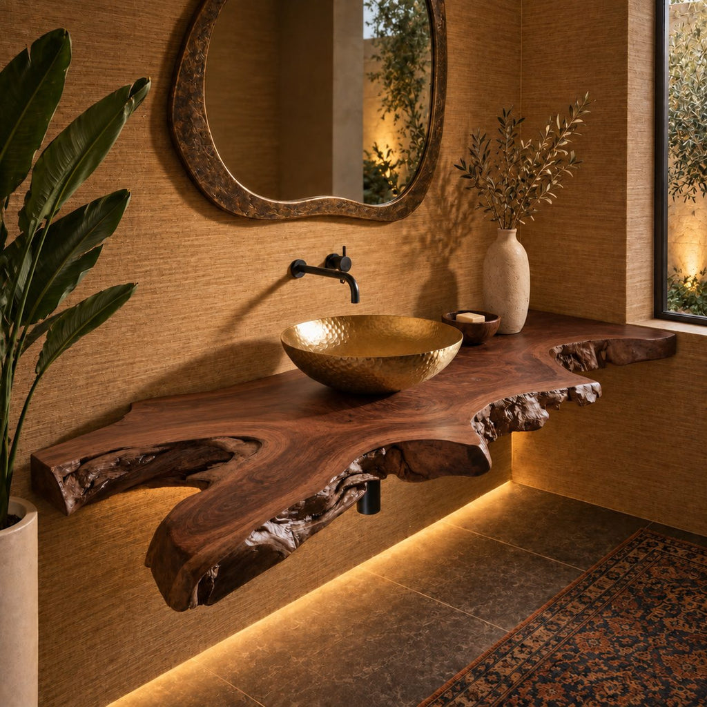 Rustic Natural Edge Floating Bathroom Vanity With Open Knot Cutouts