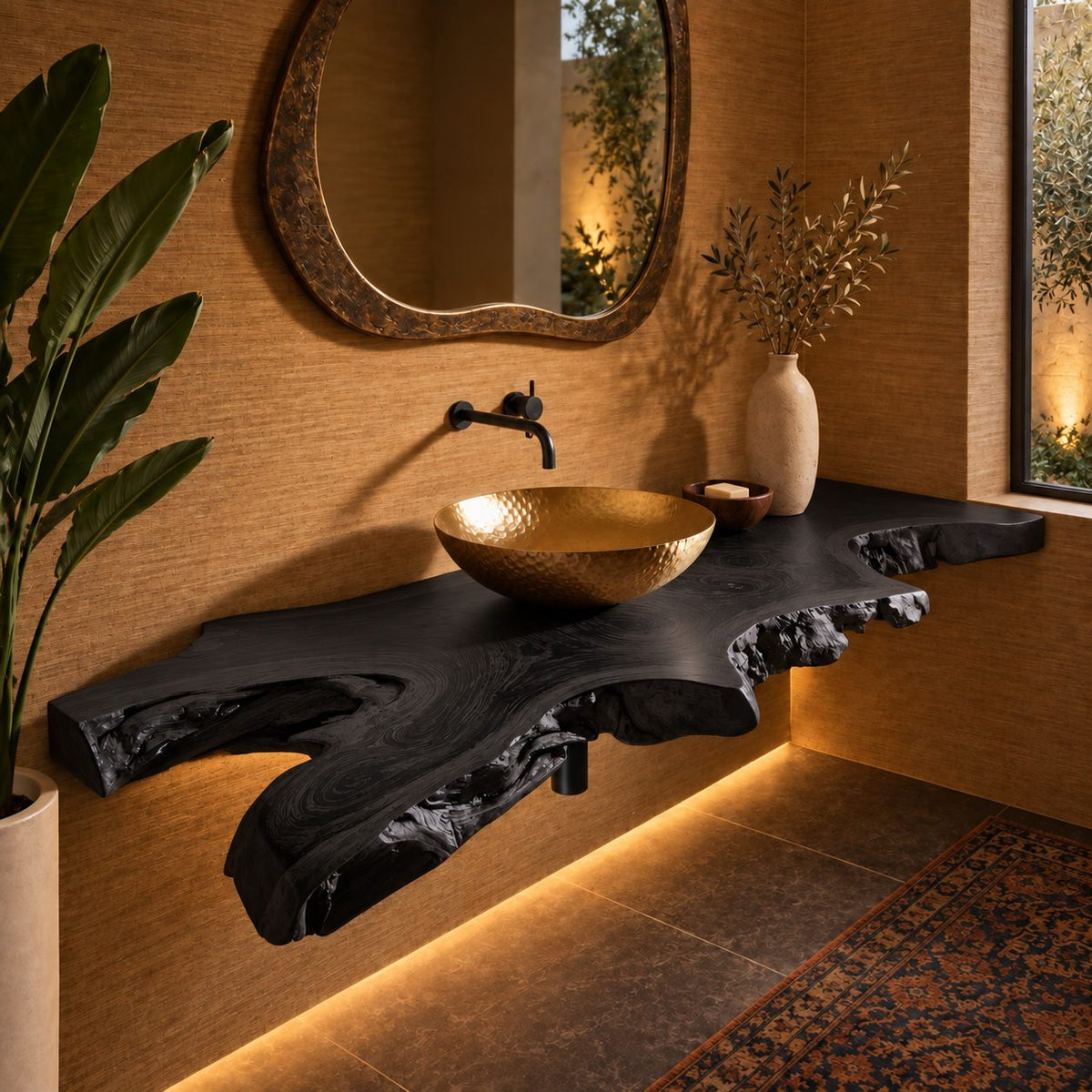Rustic Natural Edge Floating Bathroom Vanity With Open Knot Cutouts