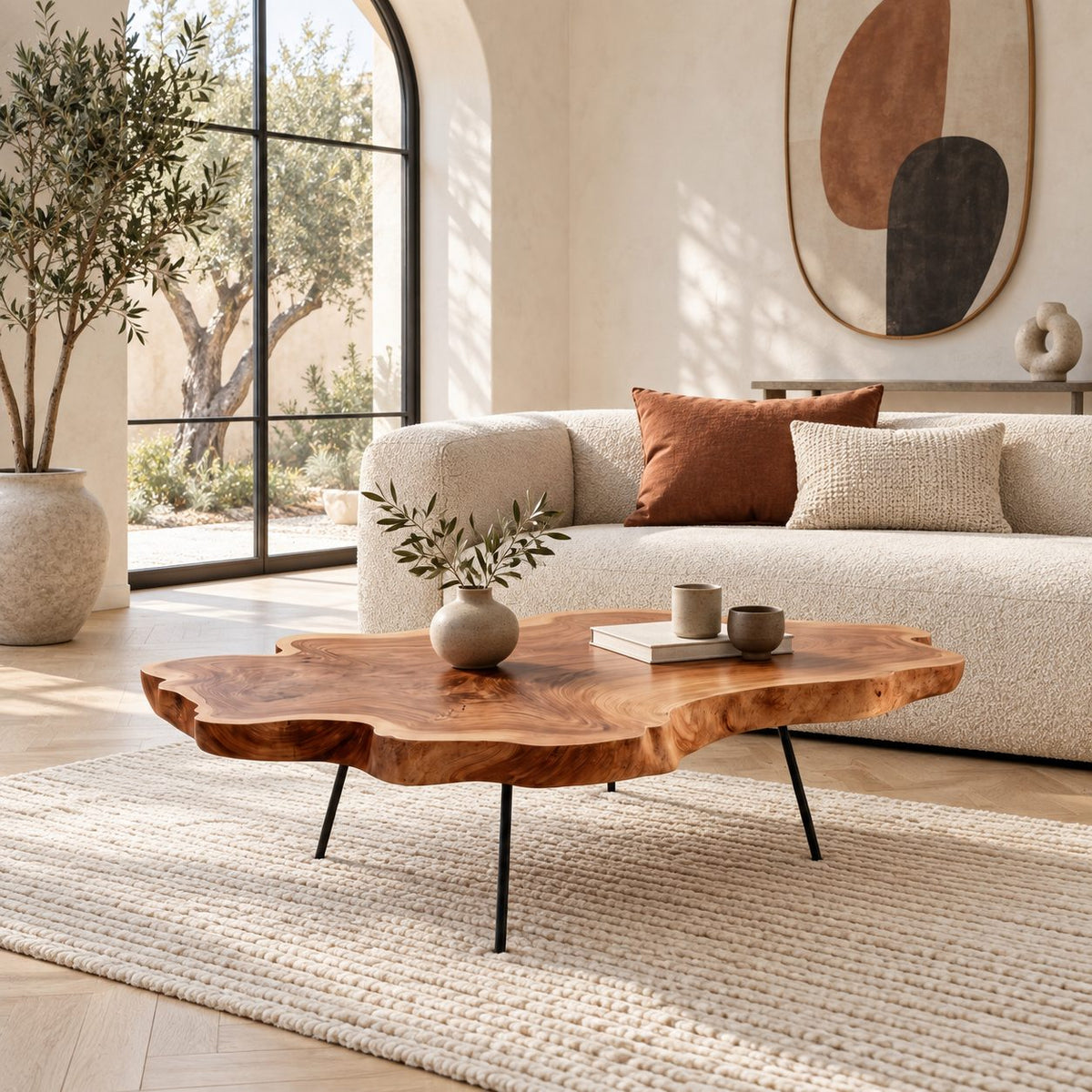 Contemporary Live Edge Coffee Table With Slim Metal Legs For Living Room