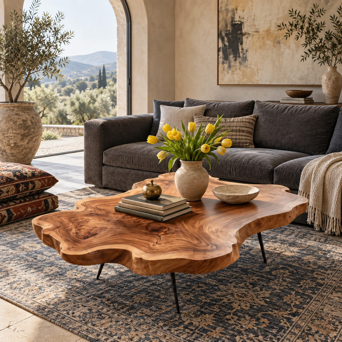 Contemporary Live Edge Coffee Table With Slim Metal Legs For Living Room