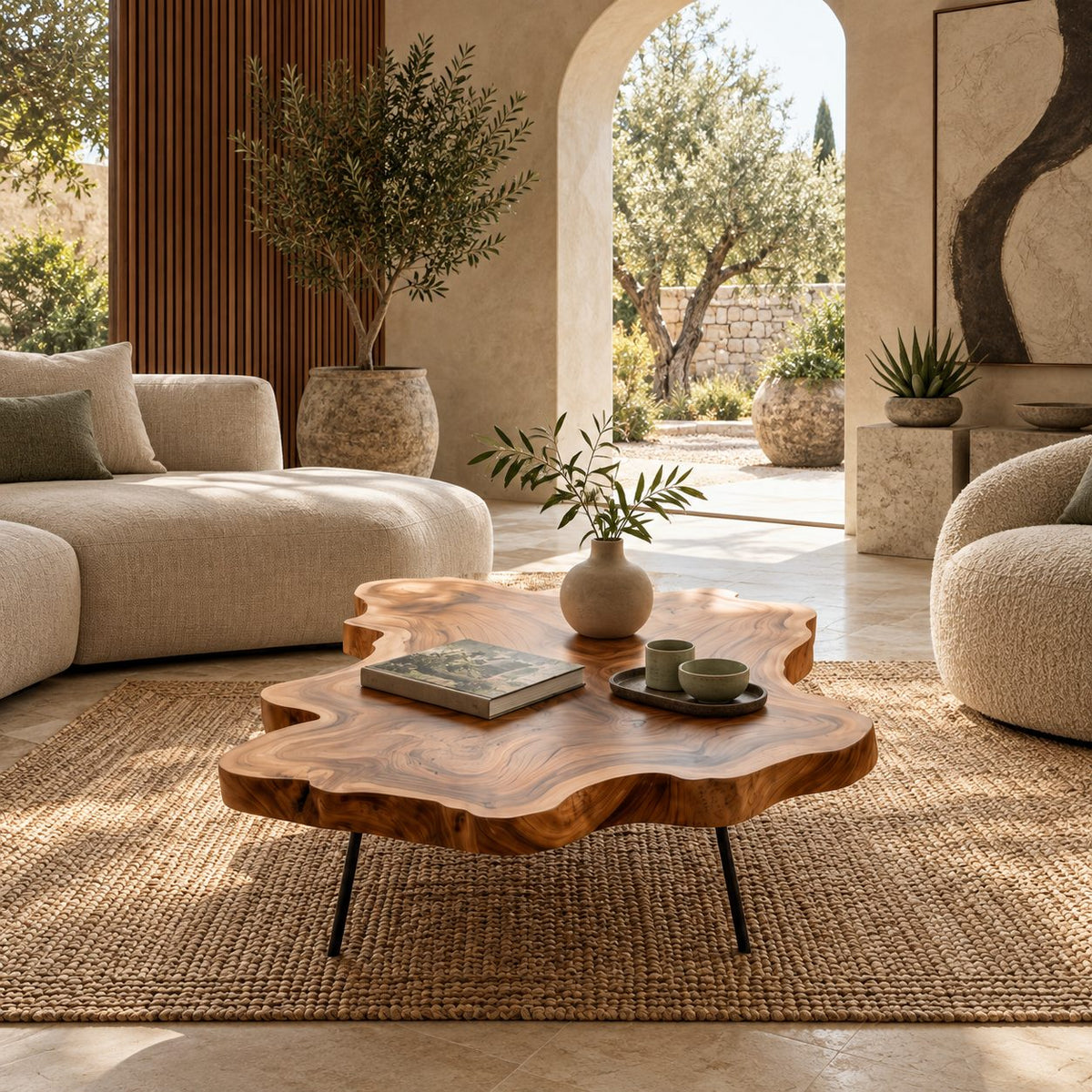 Contemporary Live Edge Coffee Table With Slim Metal Legs For Living Room