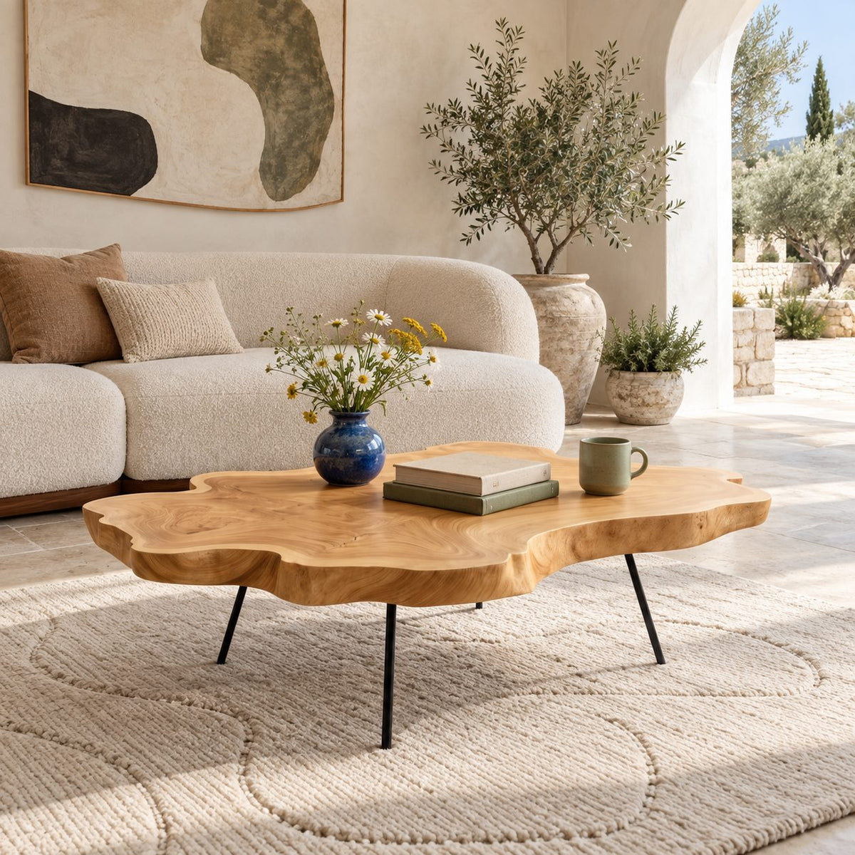 Contemporary Live Edge Coffee Table With Slim Metal Legs For Living Room