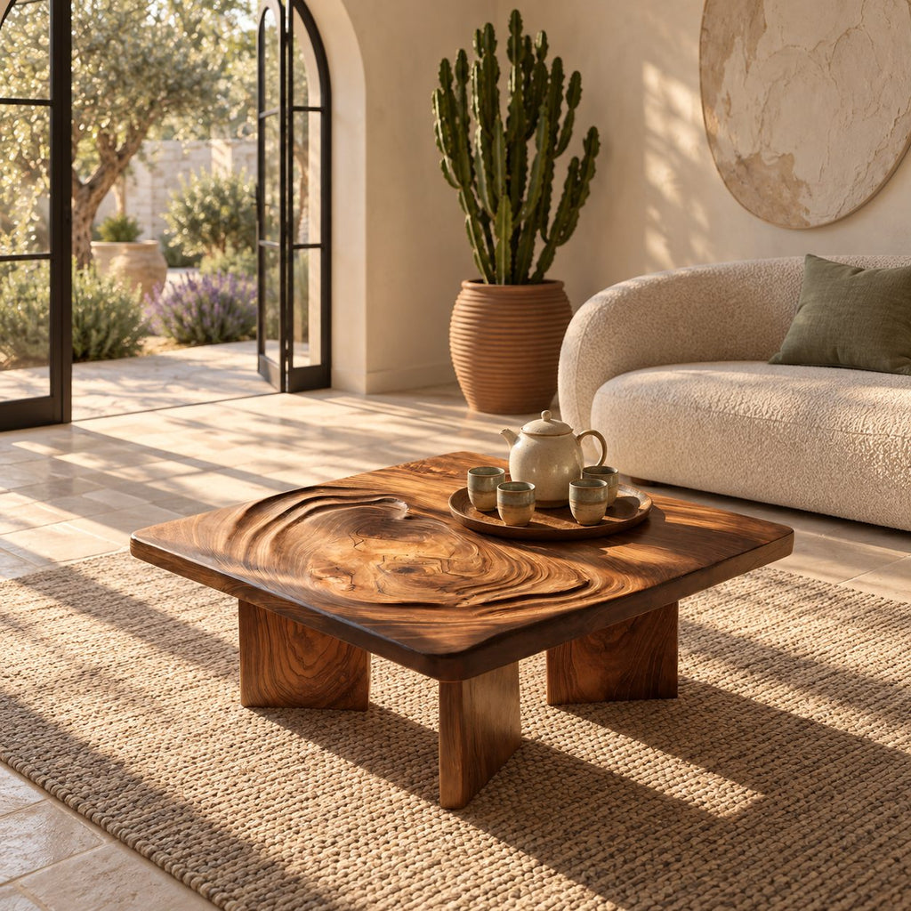 Minimalist Square Coffee Table With Carved Ripple Top For Living Room