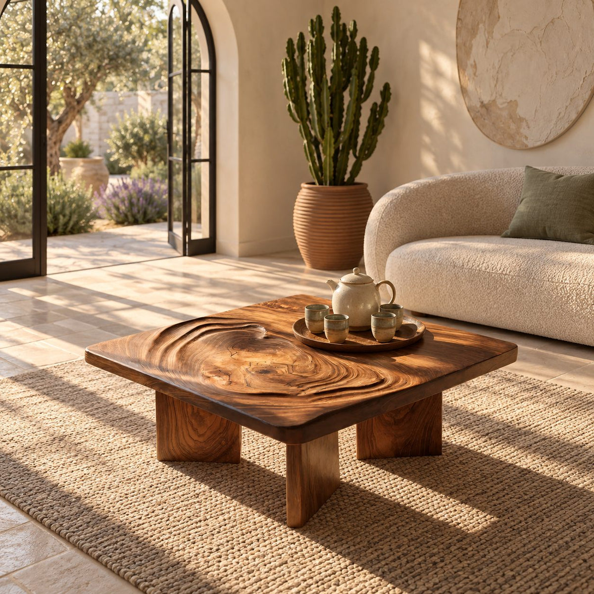 Minimalist Square Coffee Table With Carved Ripple Top For Living Room