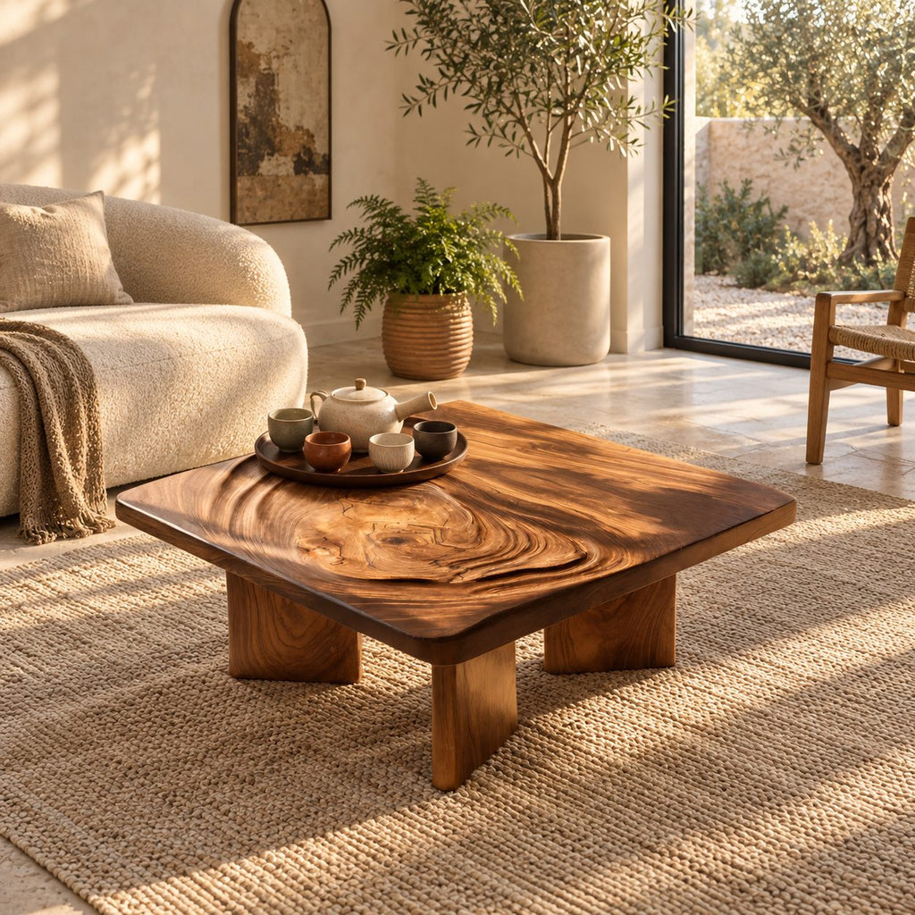 Minimalist Square Coffee Table With Carved Ripple Top For Living Room