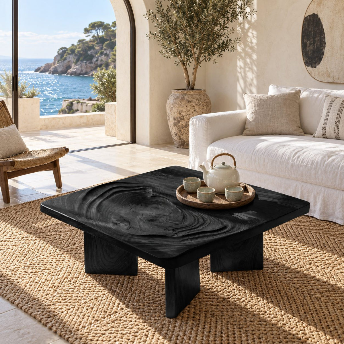 Minimalist Square Coffee Table With Carved Ripple Top For Living Room