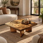 Minimalist Square Coffee Table With Carved Ripple Top For Living Room