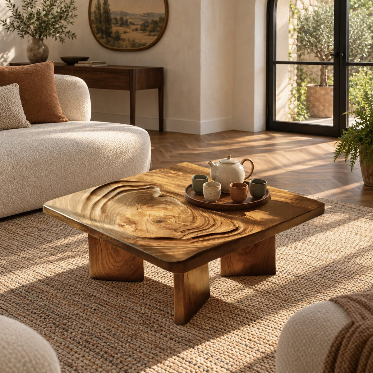 Minimalist Square Coffee Table With Carved Ripple Top For Living Room