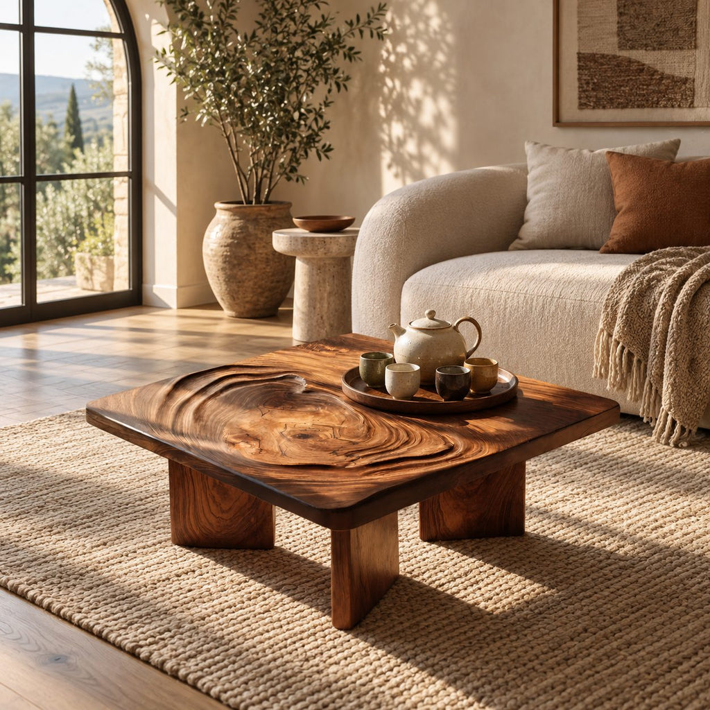 Minimalist Square Coffee Table With Carved Ripple Top For Living Room