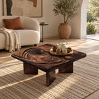 Minimalist Square Coffee Table With Carved Ripple Top For Living Room