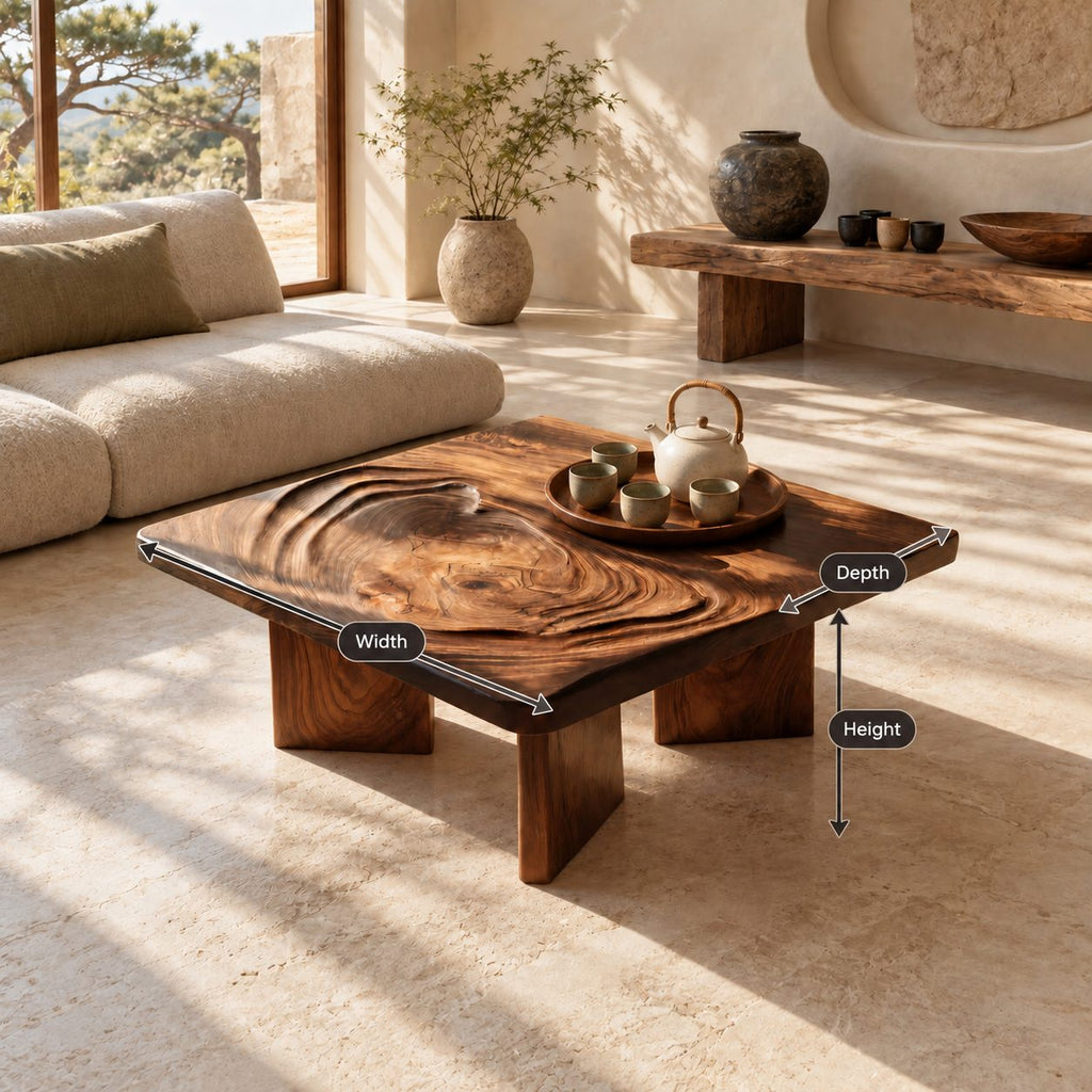 Minimalist Square Coffee Table With Carved Ripple Top For Living Room