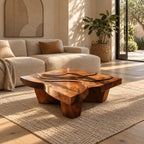 Wabi Sabi Carved Coffee Table With Chunky Block Legs For Living Room