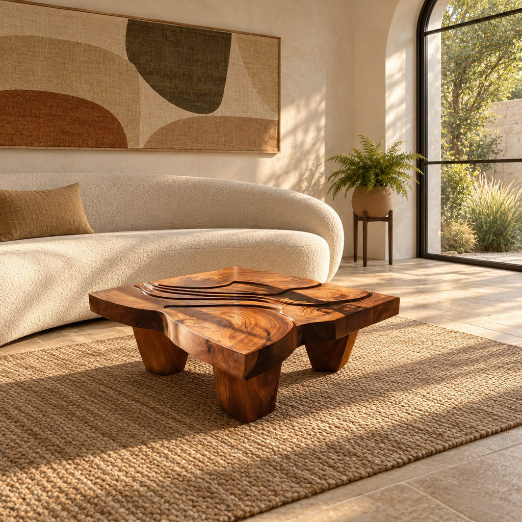 Wabi Sabi Carved Coffee Table With Chunky Block Legs For Living Room
