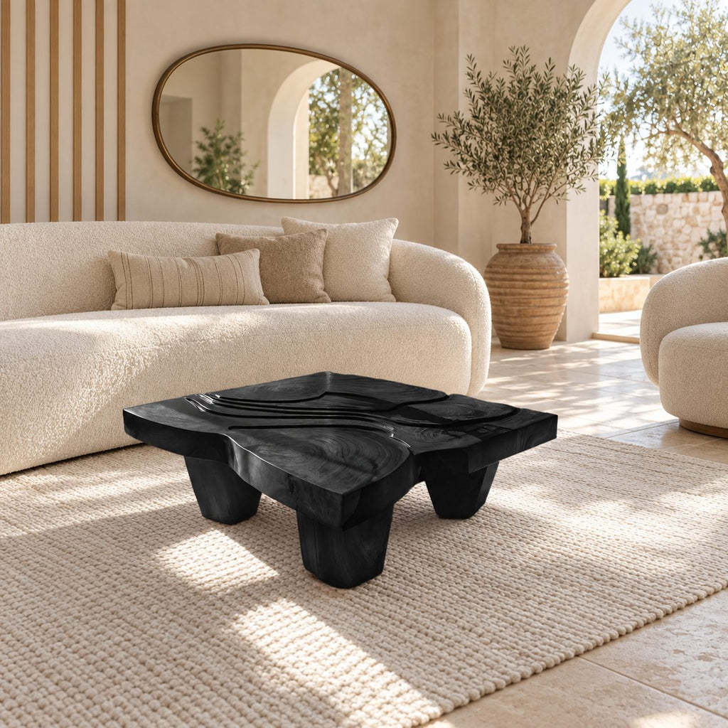 Wabi Sabi Carved Coffee Table With Chunky Block Legs For Living Room