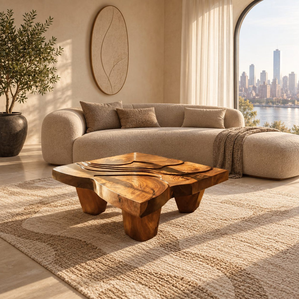 Wabi Sabi Carved Coffee Table With Chunky Block Legs For Living Room