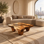 Wabi Sabi Carved Coffee Table With Chunky Block Legs For Living Room