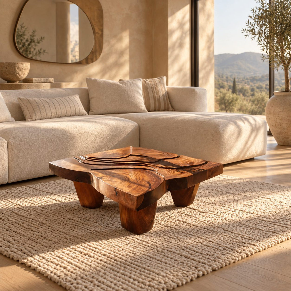 Wabi Sabi Carved Coffee Table With Chunky Block Legs For Living Room