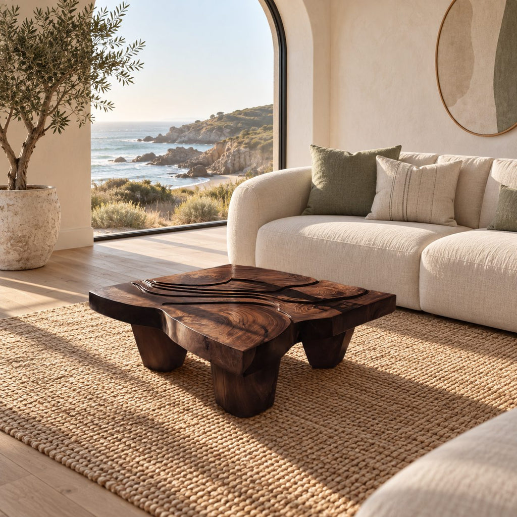 Wabi Sabi Carved Coffee Table With Chunky Block Legs For Living Room