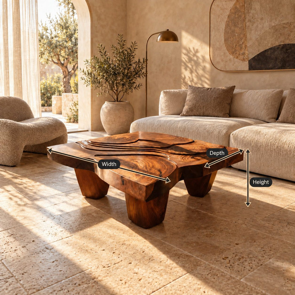 Wabi Sabi Carved Coffee Table With Chunky Block Legs For Living Room