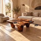Wabi Sabi Carved Coffee Table With Chunky Block Legs For Living Room